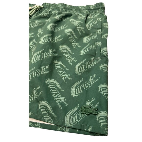 Lacoste Swim Trunks Mens XL Green All Over Logo Liner Drawstring Pockets - Picture 12 of 12